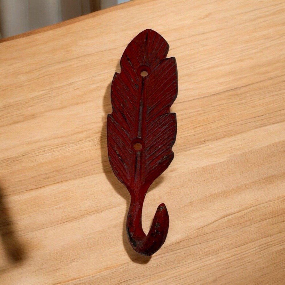 RED CAST IRON FEATHER WALL HOOK VINTAGE STYLE DECOR